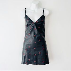 Pull & Bear Black Faux Leather Floral Embroidered Cami Mini Dress